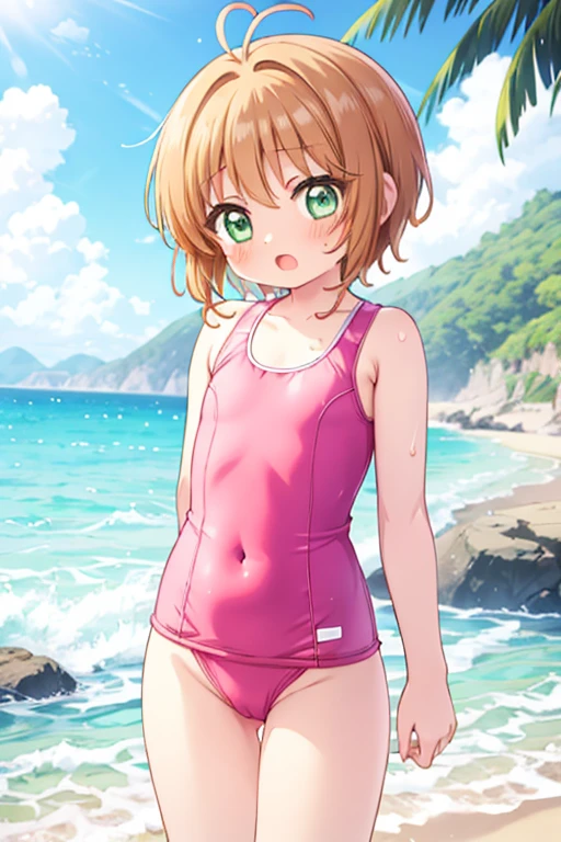 beach,1girl, kinomoto sakura, solo,school swimsuit,one-piece swimsuit, green eyes, pussy, brown hair, , short hair, navel、flat chest,blush,get wet,antenna hair,pink nipple,open mouth,arms behind back,,looking at viewer,highleg swimsuit