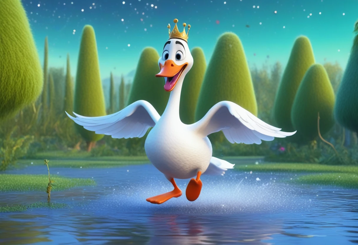 A frame from a cartoon in the comedy genre is made in the style of 3d pixar, Octane render, the action scene is a chase, an ((anthropomorphic humanoid)) swan in a princess costume in a crown and a magnificent princess outfit with an expression of slight horror on her face runs through a swamp, an anthropomorphic humanoid swan runs away, ((the second character is a humanoid anthropomorphic cat)) in ((black and white)) with a crazy smile and a crazy look runs after a humanoid anthropomorphic swan, a funny swamp, a spaceship and stars in the dark sky, 3d pixar style, clear contours, high resolution, 32k