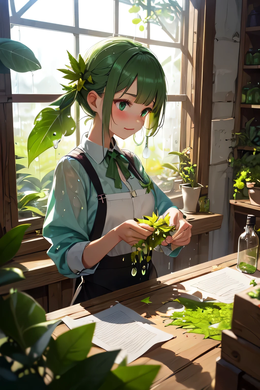 absurdres resolution, masterpiece, (plant girl working in atelier:1.1), fantasic costume, (magically converting green leaf to green drops:1.3), (green solution in bottle:1.2), heavy rain outside window, (perfect hands are sparkling:1.2)