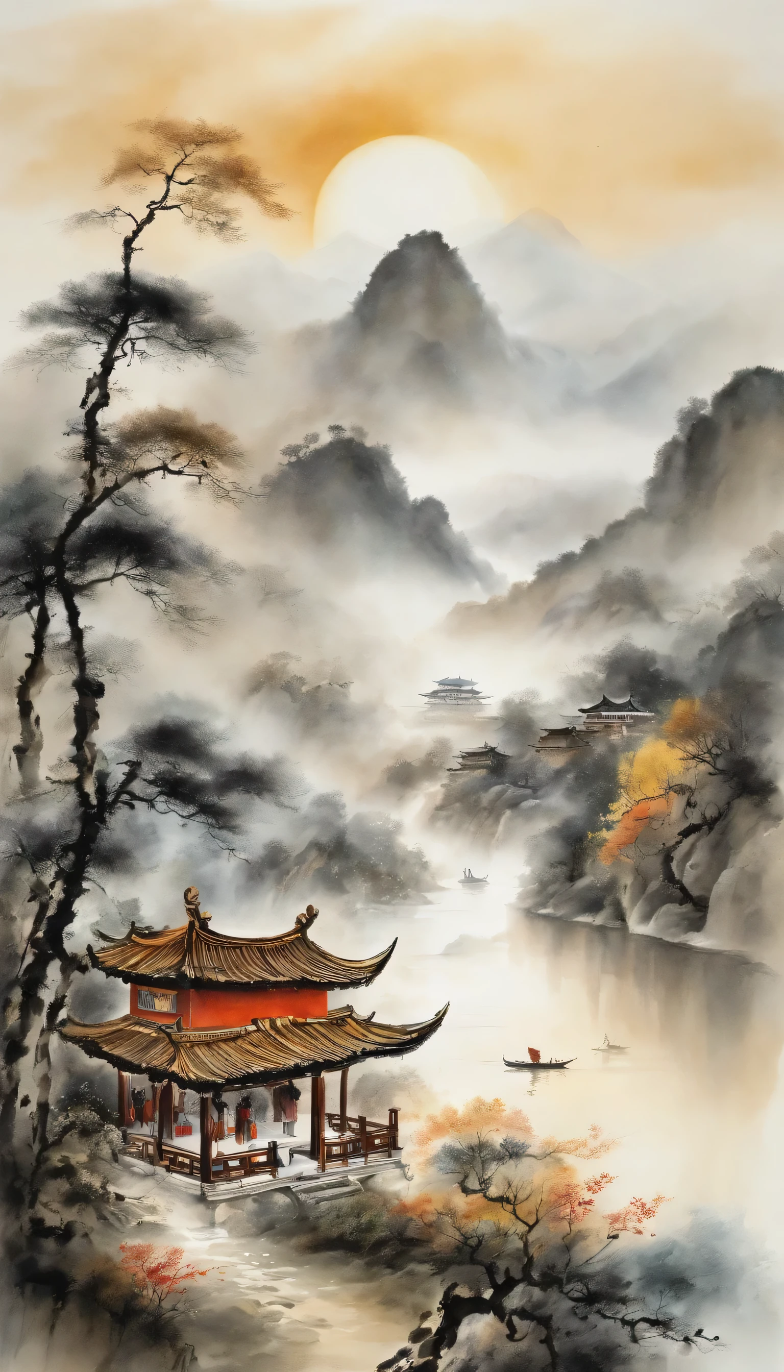 In Chinese landscape painting、Use ink and watercolor styles、We produce by combining water ink and ink。Stain the screen、Detailed scenery is depicted from a distance to an ultra-wide viewing angle.。A light boat floats in the distance、Stain that meticulous detail、Beautifully depicted in low saturation and low contrast tones。Light boats cross ten thousand heavy mountains、It is produced as the work of a master with beautiful details and accuracy。This work is as a T masterpiece、"Amaterasu"It will also be produced with elements of。