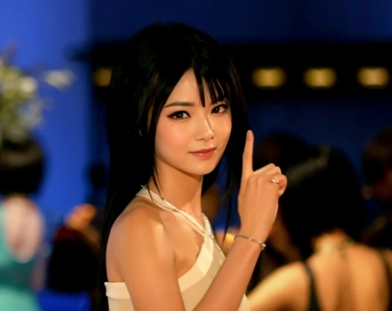 Dance Floor, 8K, highest quality, masterpiece, Ultra-high resolution, (realism:1.4), (Realistic skin texture:1.3), 1 female, Black Hair, medium hair, shiny hair, Black eyebrows, black eye, Holding up a finger, Silver Necklace, Silver bracelet, White Dress
