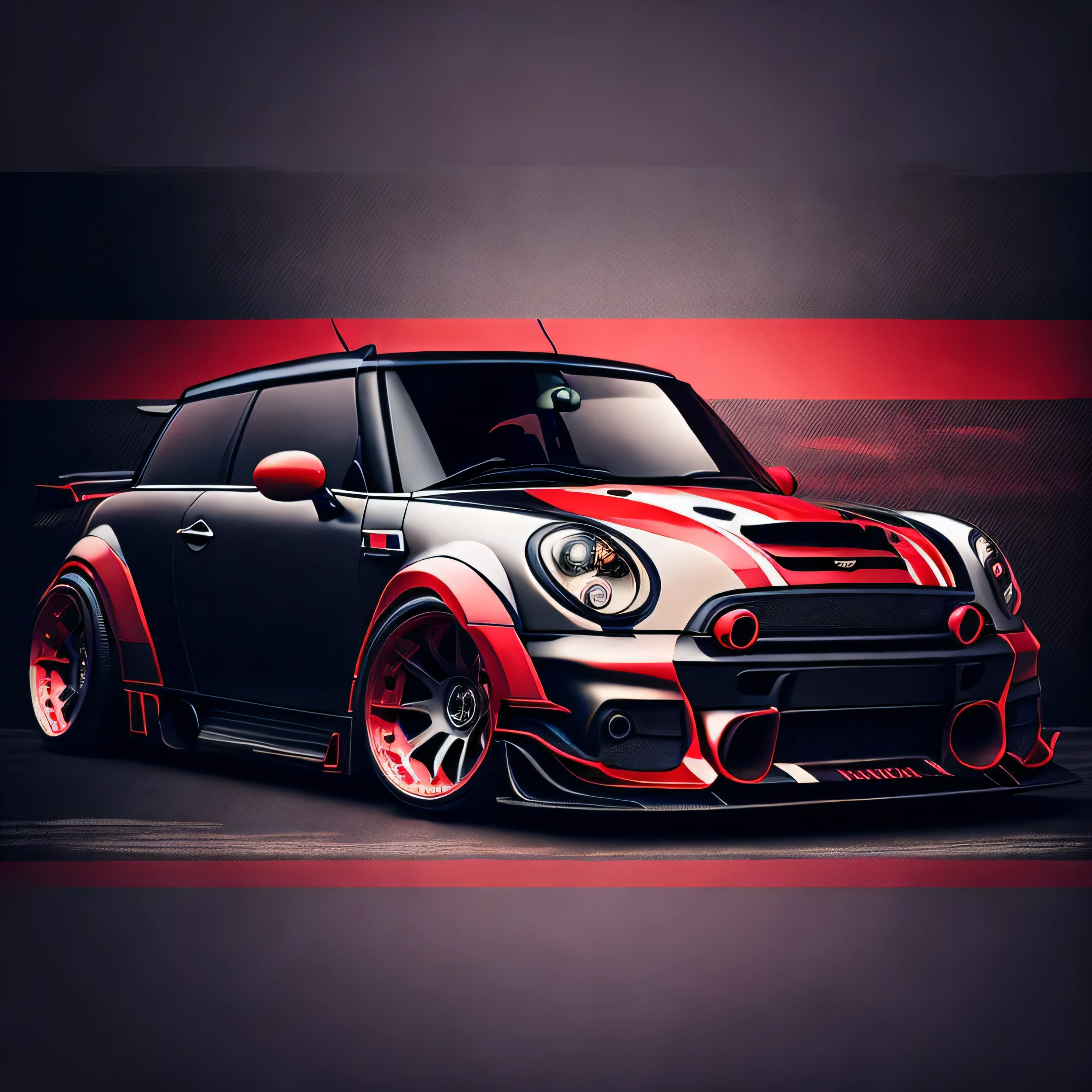 Artwork for t-shirt graphic design, a modern graphic design, classic carbon fibre Mini Cooper S, ((carbon fibre, Liberty walk ultra wide body kit)), aggressive stance ((background: outside old industrial style building, large windows in background, overcast sky, heavy industrial look, cobble stone street)), 8K quality, realistic, realism, sharp, detailed, ultrawide, black and carbon fibre and deep candy colour scheme, front profile, epic stance, epic ultra wide body kit, super low stance, aggressive looks , street, bold red, background British flag in vintage pastel tone, highly detailed clean, vector image, realistic masterpiece, professional photography, realistic car, car sunrise background, flat black background, isometric, vibrant vector