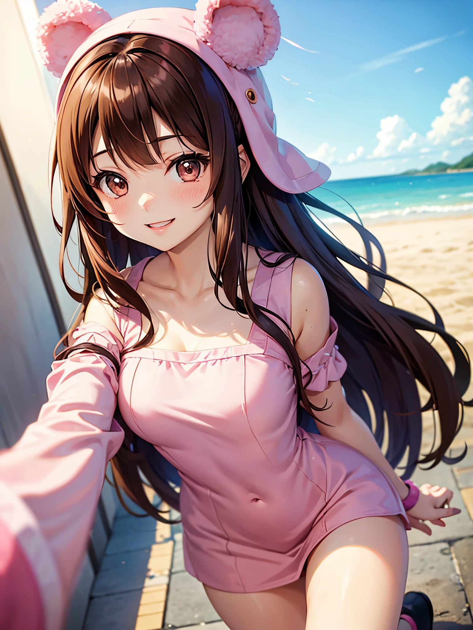 Brown hair. Anime girl. Asian girl. Ulzzang. Brown eyes. Smiling. Pink One piece dress.