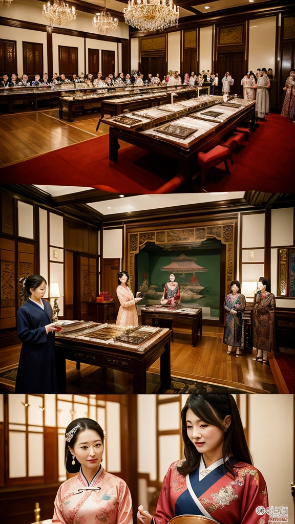 A scene depicting the strict selection process for palace ladies, showing a group of exceptionally beautiful and talented women being examined by court officials in a luxurious palace room, adorned with traditional Chinese art.