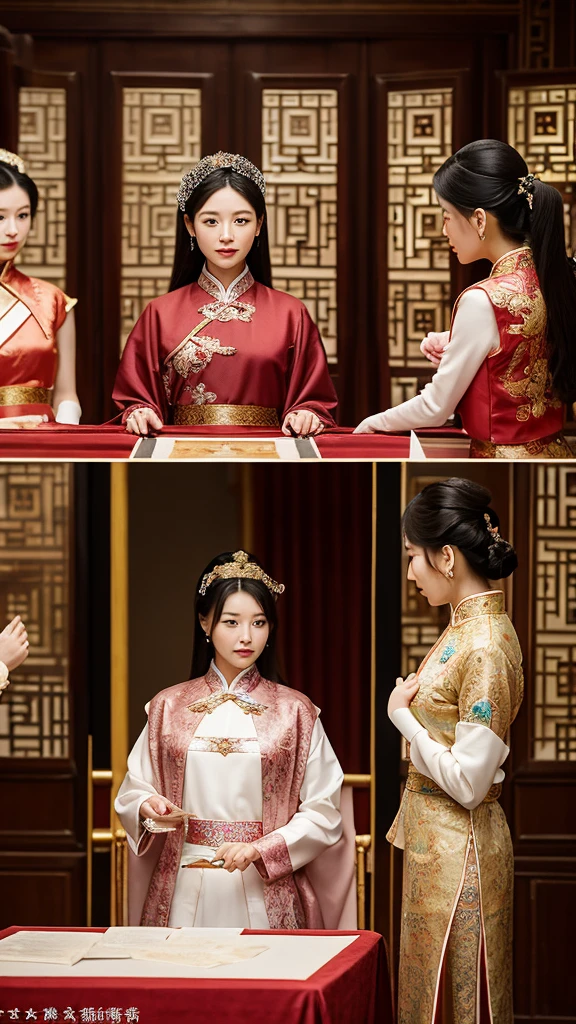 A scene depicting the strict selection process for palace ladies, showing a group of exceptionally beautiful and talented women being examined by court officials in a luxurious palace room, adorned with traditional Chinese art.