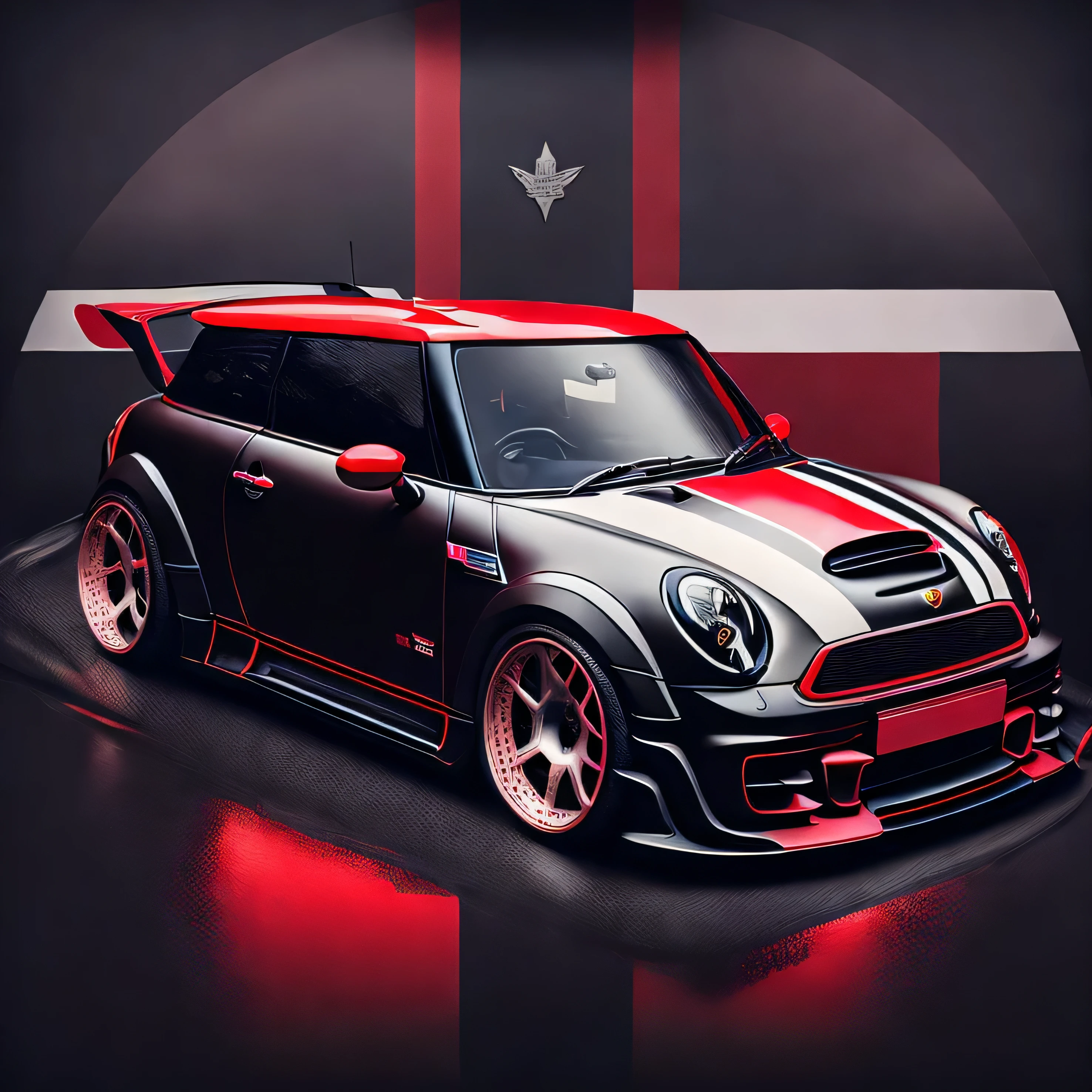 Artwork for t-shirt graphic design, a modern graphic design, classic carbon fibre Mini Cooper S, ((carbon fibre, Liberty walk ultra wide body kit)), aggressive stance ((background: outside old industrial style building, large windows in background, overcast sky, heavy industrial look, cobble stone street)), 8K quality, realistic, realism, sharp, detailed, ultrawide, black and carbon fibre and deep candy colour scheme, front profile, epic stance, epic ultra wide body kit, super low stance, aggressive looks , street, bold red, background British flag in vintage pastel tone, highly detailed clean, vector image, realistic masterpiece, professional photography, realistic car, car sunrise background, flat black background, isometric, vibrant vector