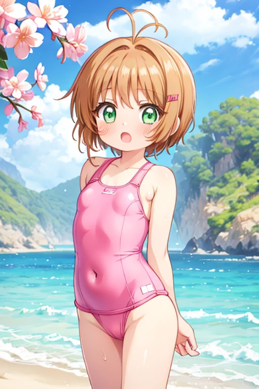 beach,1girl, kinomoto sakura, solo,competition swimsuit,one-piece swimsuit, green eyes, pussy, brown hair, , short hair, navel、flat chest,blush,get wet,antenna hair,pink nipple,open mouth,arms behind back,,looking at viewer,highleg swimsuit