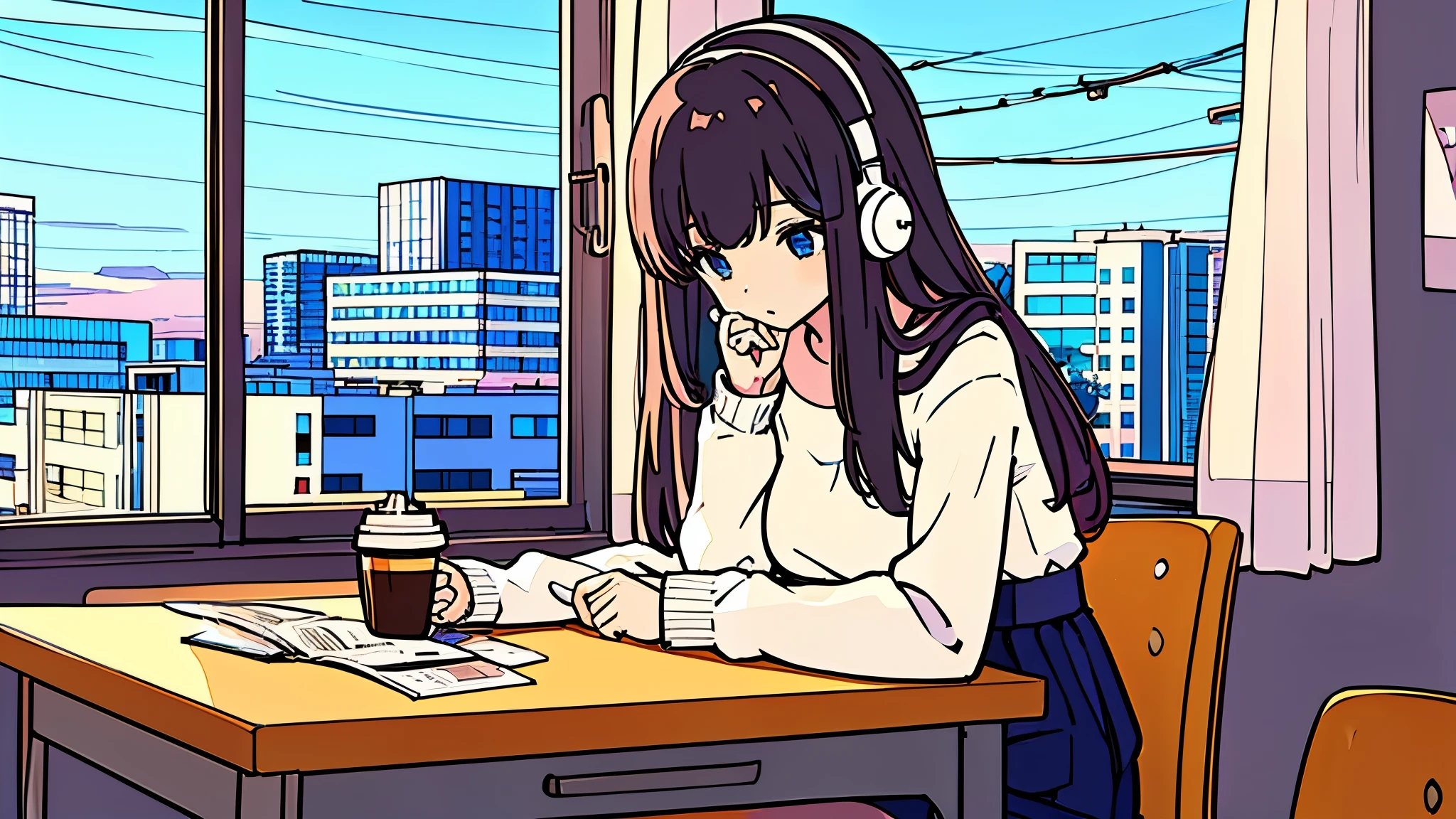 A beautiful girl studying at a desk in her room while listening to music with headphones、radio、Coffee cup、 quiet night