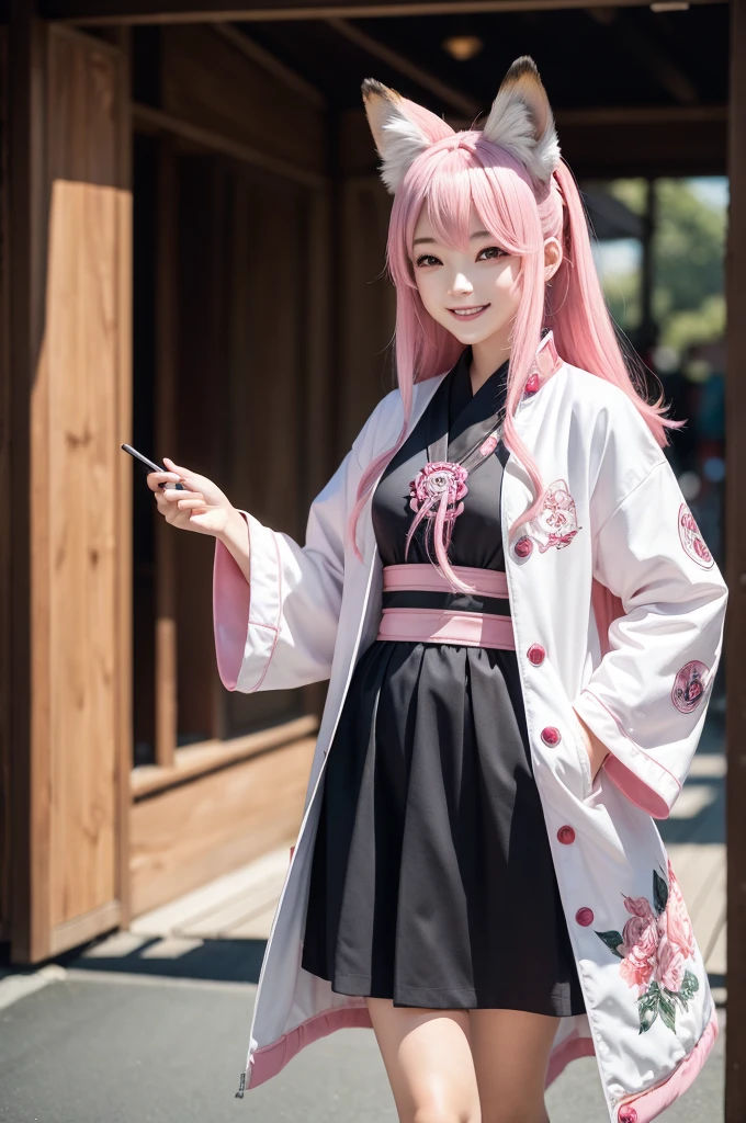 1 Girl,Solitary, Official Art of Happy Smile, Unity 8K wallpaper, Super detailed, fair and aesthetic, fair, masterpiece, best quality, Fox Demon, Fox Mask, Pink and white haori jacket, Foxfire Curse, Fox is familiar, Transformation,Depth of Field,