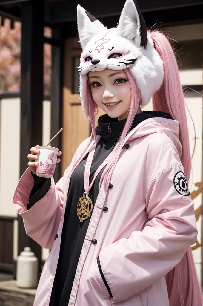 1 Girl,Solitary, Official Art of Happy Smile, Unity 8K wallpaper, Super detailed, fair and aesthetic, fair, masterpiece, best quality, Fox Demon, Fox Mask, Pink and white haori jacket, Foxfire Curse, Fox is familiar, Transformation,Depth of Field,