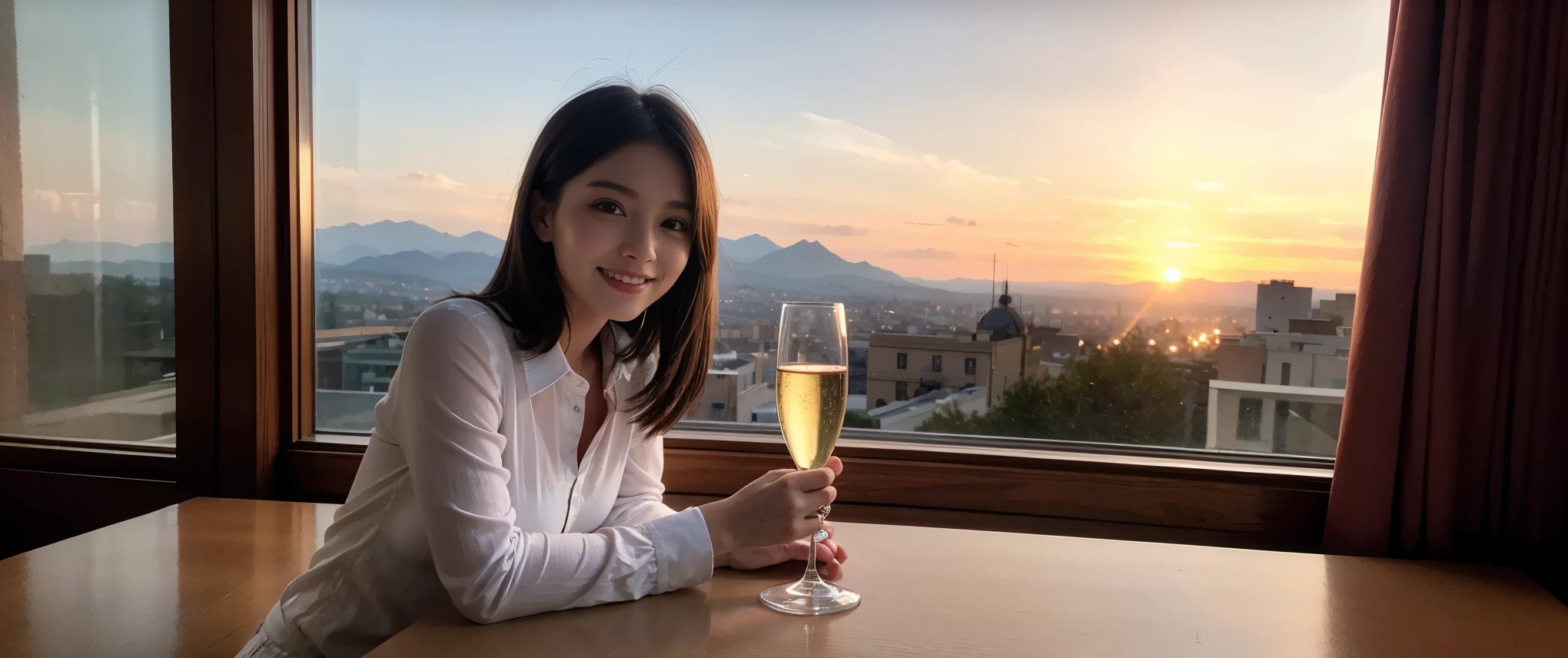 ((highest quality、8k、masterpiece:1.3))、Sharp focus:1.2、Beautiful woman perfect body:1.4、slimなボディ、((Bob Hale、Straight hair:1.2))、(to be born, highest quality, masterpiece:1.5), (Realistic, Intricate details:1.2), Ultra-high resolution, Amazing view of the sunset sky and clouds、Amazing mountain views、ニコニコ明るいsmile、smileの素敵な女性、Bright image、2. The beauty of wine, Beautiful Face, blue eyes, The light shines on your face, Blushing, short hair,Bright Face、Fox face、 (36 years old), 39 years old, Lady、red wine 、Appetizers、Italian food、Wine bottle、Champagne、sparkling wine、Two beauties、Brown Hair、Shortcuts、Long sleeve shirt、dress、Pretty Woman 1, (slimな顔), (The body is slim), (Brown Hair), (Shortcuts), cheeks turn a little red,Attractive beauty、, Out of the window, A beautiful and detailed night view unfolds.........., restaurant, In a prominent place (From the waist up) Nova Frog Style, actress, model, Upper Body, White wine, slim, wine glass, 真ん中に置かれたwine glass, smile, (smile: 1.15), Beautiful fine grain, Depth f/2,saturation, High Contrast, Strong light and shadow,Moist Body:1.5、3D texture、Delicate eyes、Brown Hair、The hair is very shiny、
