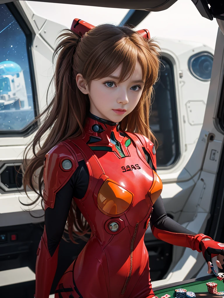 （俯瞰number），Dynamic Angle，Dynamic poses，Ultra Detailed，number，close up，Direct，1 girl huge ，Soul Asuka Langley，
 （（Soryu Asuka Langley，interface headset，Red tights：1.5，Blonde）），彼女の目はLike a dream星のように輝いていた，（Glowing Eyes：1.233），（Beautiful and delicate eyes：1.1），（Poker face，Please shut your mouth），（Standing），
（Mechanical room with tools and spacecraft windows in white spaceship），
（night：1.2），Like a dream， [[Slender fingers and hands：0.55]：：0.85]，（Finger details），