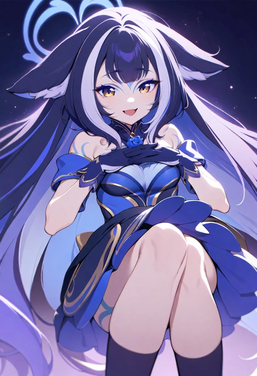 (shylily/(Twich/):1.5),(masterpiece:1.2),(best quality:1.2),32k, 1 Girl, Solitary, Long hair, breast, Bangs, Hair accessories, High Leg Raise, Gloves, skirt, Hair between the eyes, Bare shoulders, flower, Colorful hair, small breast, decorate, Open your mouth, black Gloves, Hair Bun, black skirt, Striped hair, Tattoo, Rose, Halo, Place your hands on your chest, Knee high socks, Colored undercoat, blue High Leg Raise, Official alternative hairstyles, Official alternative hair lengths, star Halo, Smile,
