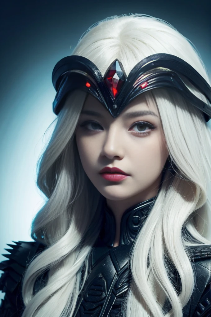 Portrait of a beautiful girl with wavy white hair, Wear a formal black dress with metallic parts, Red Eyes, Letter combination on background, number, Dark, 8k, Intricate details, High quality, 复古future风格, Sharp focus on the center, Soft colors, Art Station, (Science Fiction, future, future theme), (A contemptuous expression appeared on his face), (Detailed description)