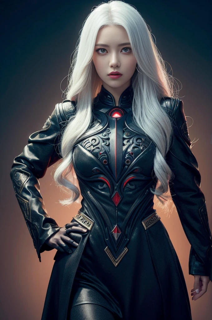 Portrait of a beautiful girl with wavy white hair, Wear a formal black dress with metallic parts, Red Eyes, Letter combination on background, number, Dark, 8k, Intricate details, High quality, 复古future风格, Sharp focus on the center, Soft colors, Art Station, (Science Fiction, future, future theme), (A contemptuous expression appeared on his face), (Detailed description)