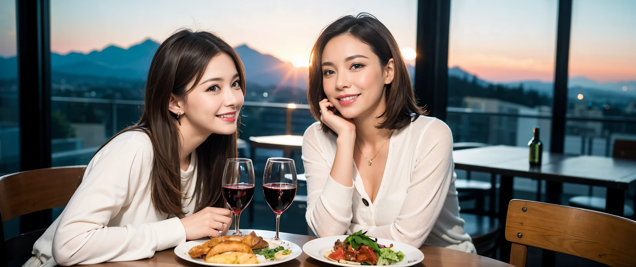 ((highest quality、8k、masterpiece:1.3))、Beautiful woman perfect body:1.4、Beautiful mature woman、Two women who love wine、One Man、slimなボディ、((Bob Hale、Straight hair:1.2))、 Ultra-high resolution, Bright image、Beautiful Face, blue eyes, Beautiful Eyes, The light shines on your face, Blushing your nose, short hair,Amazing view of the sunset sky and clouds、Amazing mountain views、ニコニコ明るいsmile、smileの素敵な女性、Bright Face、Fox face、Lady、Champagne、Wine bottle、wine glass、red wine 、Appetizers、Italian food、Two beauties、Brown Hair、Shortcuts、Long sleeve shirt、Winter Fashion、dress、Wine bottle、sparkling wine、Pretty Woman 1, (slimな顔), (Brown Hair), (Shortcuts), cheeks turn a little red, (36 years old), 39 years old, Attractive beauty、restaurant, Nova Frog Style, actress, model, Upper Body, White wine, slim, wine glass, 真ん中に置かれたwine glass, smile, (smile: 1.15), 綺麗なBeautiful Eyes, Strong light and shadow,Moist Body:1.5、Delicate eyes、Brown Hair、The hair is very shiny、