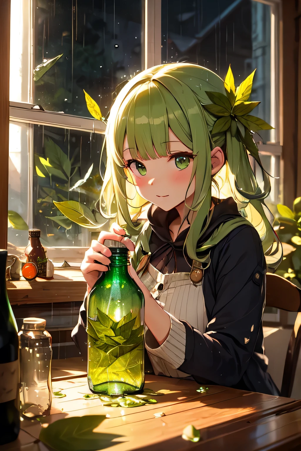absurdres resolution, masterpiece, (fantasy girl working in atelier:1.1), (converting green leaf to green drops:1.3), (green solution in bottle:1.2), heavy rain outside window, night, glowing hands