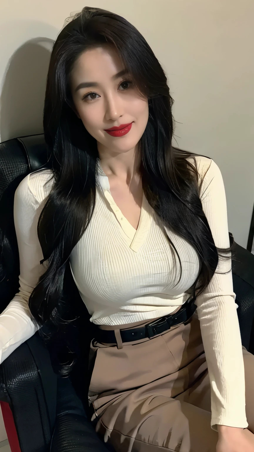Draw lips correctly, Red lipstick, From the chest up, best quality, Ultra Detailed, lifelike, Super delicate skin, perfect anatomy (Solitary),Wear a shirt,trousers,Black belt,Long wavy hair,37-year-old female,Mature,Sad smile,Sitting in a chair at night,Standing,Leg length,Chubby,Big breasts,stand up,full-body shot