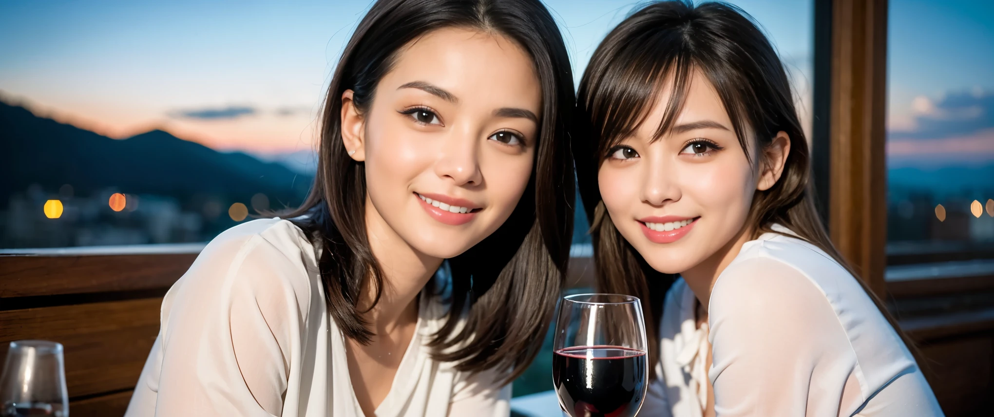 ((highest quality、8k、masterpiece:1.3))、Beautiful woman perfect body:1.4、slimなボディ、((Bob Hale、Straight hair:1.2))、 Ultra-high resolution, Bright image、2 people. The beauty of wine, Beautiful Face, blue eyes, Beautiful Eyes, The light shines on your face, Blushing your nose, short hair,Amazing view of the sunset sky and clouds、Amazing mountain views、ニコニコ明るいsmile、smileの素敵な女性、Bright Face、Fox face、Lady、Champagne、Wine bottle、wine glass、red wine 、Appetizers、Italian food、Two beauties、Brown Hair、Shortcuts、Long sleeve shirt、Winter Fashion、dress、Wine bottle、sparkling wine、Pretty Woman 1, (slimな顔), (Brown Hair), (Shortcuts), cheeks turn a little red, (42 years old), 39 years old, Attractive beauty、restaurant, Nova Frog Style, actress, model, Upper Body, White wine, slim, wine glass, 真ん中に置かれたwine glass, smile, (smile: 1.15), 綺麗なBeautiful Eyes, Strong light and shadow,Moist Body:1.5、Delicate eyes、Brown Hair、The hair is very shiny、