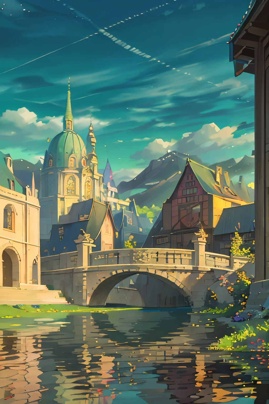 A bridge gracefully arches over a serene body of water, reflecting its elegance in the shimmering surface. In the background, a temple with intricately designed gates stands majestically amidst lush greenery. The smooth art marker style infuses the scene with a cute anime aesthetic, capturing every detail with precision and charm. (Ultra-detailed, realistis, best quality, 4K, HDR, smooth lines, atmospheric, vibrant colors)