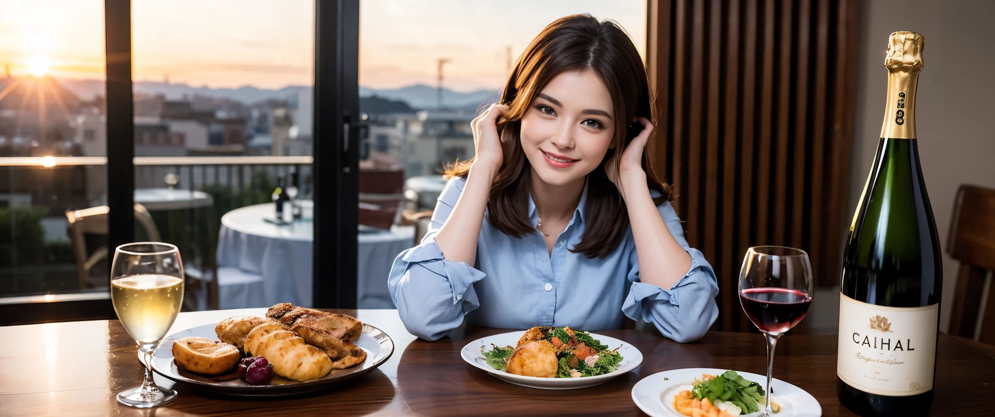 ((highest quality、8k、masterpiece:1.3))、Beautiful woman perfect body:1.4、slimなボディ、((Bob Hale、Straight hair:1.2))、 Ultra-high resolution, Bright image、2 people. The beauty of wine, Beautiful Face, blue eyes, Beautiful Eyes, The light shines on your face, Blushing your nose, short hair,Amazing view of the sunset sky and clouds、Amazing mountain views、ニコニコ明るいsmile、smileの素敵な女性、Bright Face、Fox face、Lady、Champagne、Wine bottle、wine glass、red wine 、Appetizers、Italian food、Two beauties、Brown Hair、Shortcuts、Long sleeve shirt、Winter Fashion、dress、Wine bottle、sparkling wine、Pretty Woman 1, (slimな顔), (Brown Hair), (Shortcuts), cheeks turn a little red, (42 years old), 39 years old, Attractive beauty、restaurant, Nova Frog Style, actress, model, Upper Body, White wine, slim, wine glass, 真ん中に置かれたwine glass, smile, (smile: 1.15), 綺麗なBeautiful Eyes, Strong light and shadow,Moist Body:1.5、Delicate eyes、Brown Hair、The hair is very shiny、