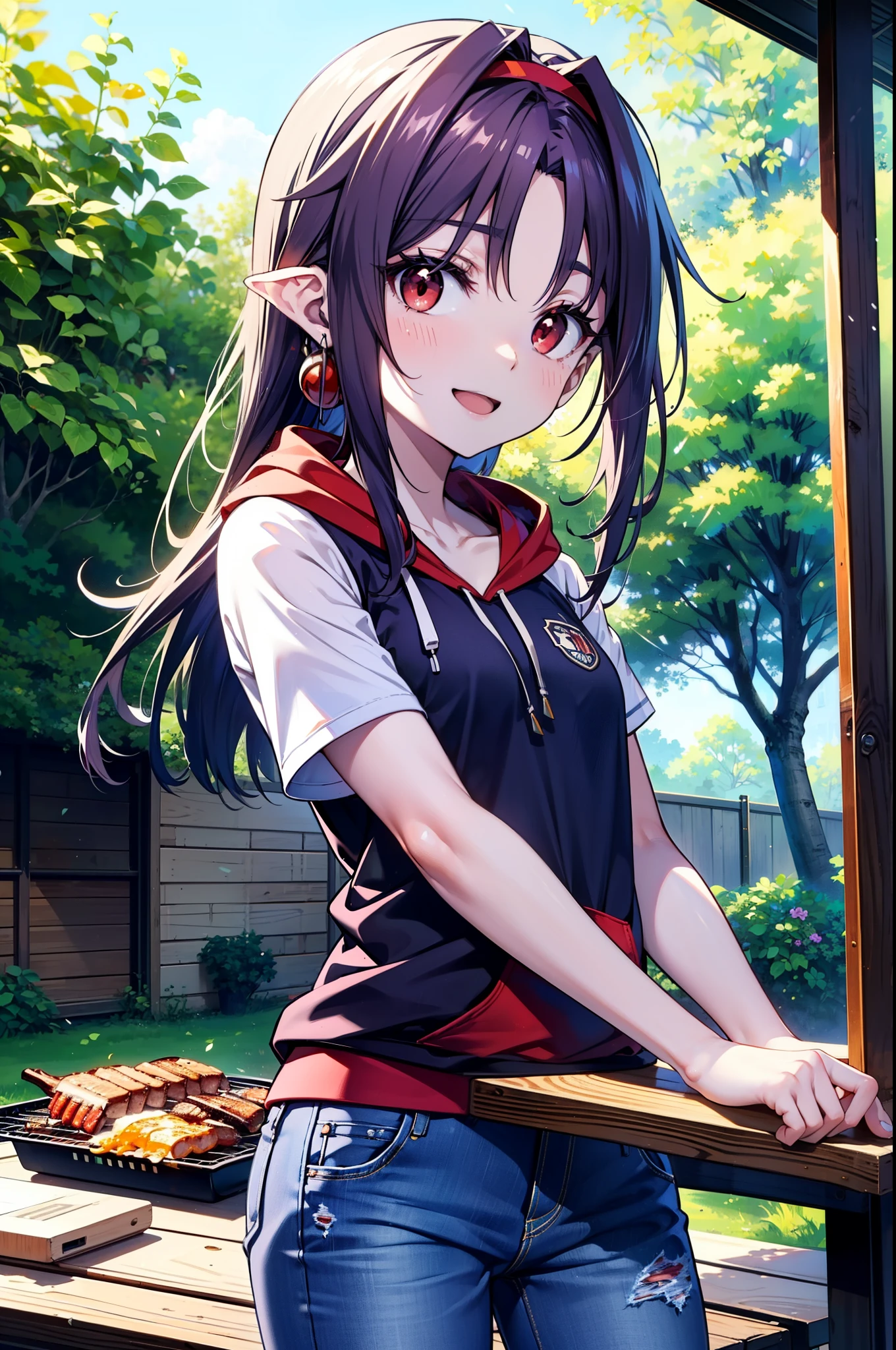 yuukikonno, Konno Yuuki, Long Hair, Pointed Ears, Purple Hair, (Red eyes:1.5), (Small breasts:1.2),smile, Open your mouth,Purple hoodie,Short sleeve,Baseball hats,Hoodie hood up,Red tank top shirt,Short denim,Red knee-high socks,High-top sneakers,Daytime,Clear skies,True Summer,barbecue,
break looking at viewer, Upper Body, whole body,(Cowboy Shot:1. 5),
break outdoors, forest, nature,
break (masterpiece:1.2), highest quality, High resolution, unity 8k wallpaper, (figure:0.8), (Beautiful fine details:1.6), Highly detailed face, Perfect lighting, Highly detailed CG, (Perfect hands, Perfect Anatomy),