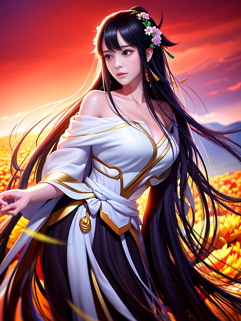 1个Giant Breast Girl,long black hair,Qi bangs,, Flowing hair,White bow hairpin,Beautiful face,A sea of flowers in perfect proportions, Movie Lighting, Film Grain, Fuji Colors, Chiaroscuro, 8k, Masterpiece, textured skin, Super Detail, High Detail, high quality, high resolution,