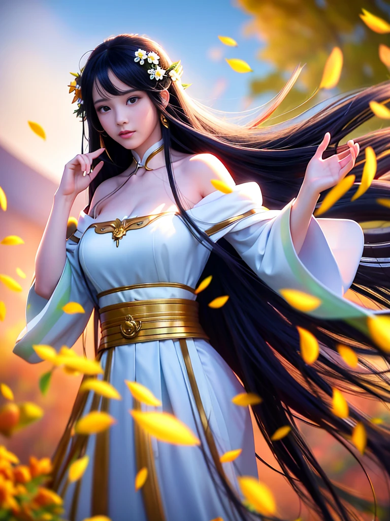1个Giant Breast Girl，long black hair，Qi bangs，, Flowing hair，White bow hairpin，Beautiful face，A sea of flowers in perfect proportions, Movie Lighting, Film Grain, Fuji Colors, Chiaroscuro, 8k, Masterpiece, textured skin, Super Detail, High Detail, high quality, high resolution,