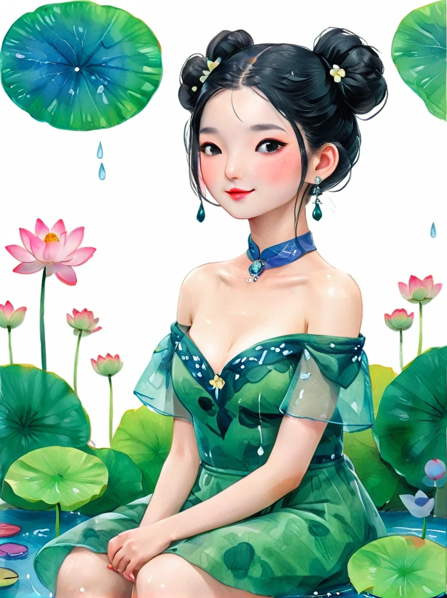 1 Girl，whole body，leg，裸露的大leg，(rain)，(Gentle smile)，Bare shoulders，胸部被覆盖lotus叶，Cleavage，clavicle，neck，(fog，薄fog)，earrings，solo，White(lotus)，Black Hair，Looking at the audience，Long hair，portrait，Lips，Hair Bun，make up，Poker face，black eyes，Green，(Lotus Leaf)，Every time，Soft Light，Fine brushwork and ink painting style，(masterpiece:1.2)，(Best quality:1.2)，high resolution，Extremely detailed 8k wallpapers，very clearly，lifelike