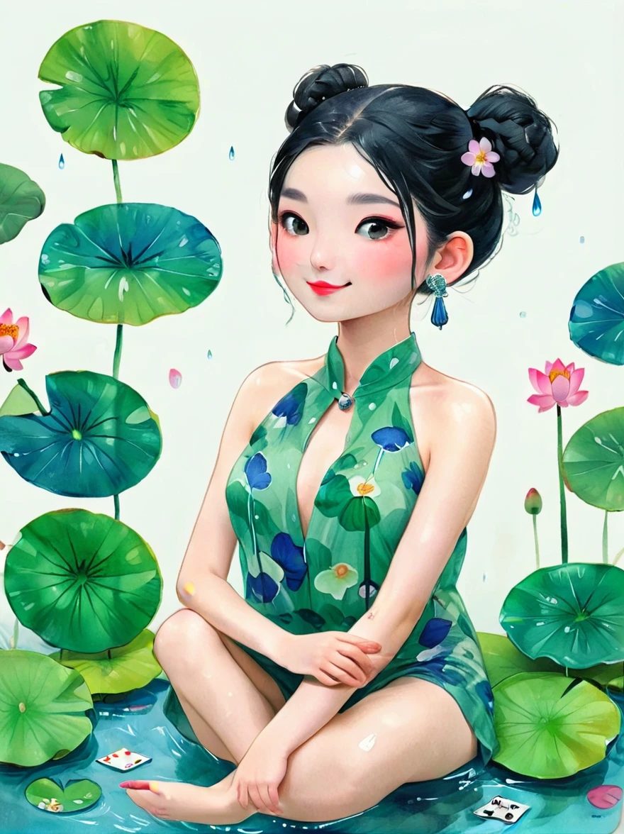 1 Girl，whole body，leg，裸露的大leg，(rain)，(Gentle smile)，Bare shoulders，胸部被覆盖lotus叶，Cleavage，clavicle，neck，(fog，薄fog)，earrings，solo，White(lotus)，Black Hair，Looking at the audience，Long hair，portrait，Lips，Hair Bun，make up，Poker face，black eyes，Green，(Lotus Leaf)，Every time，Soft Light，Fine brushwork and ink painting style，(masterpiece:1.2)，(Best quality:1.2)，high resolution，Extremely detailed 8k wallpapers，very clearly，lifelike