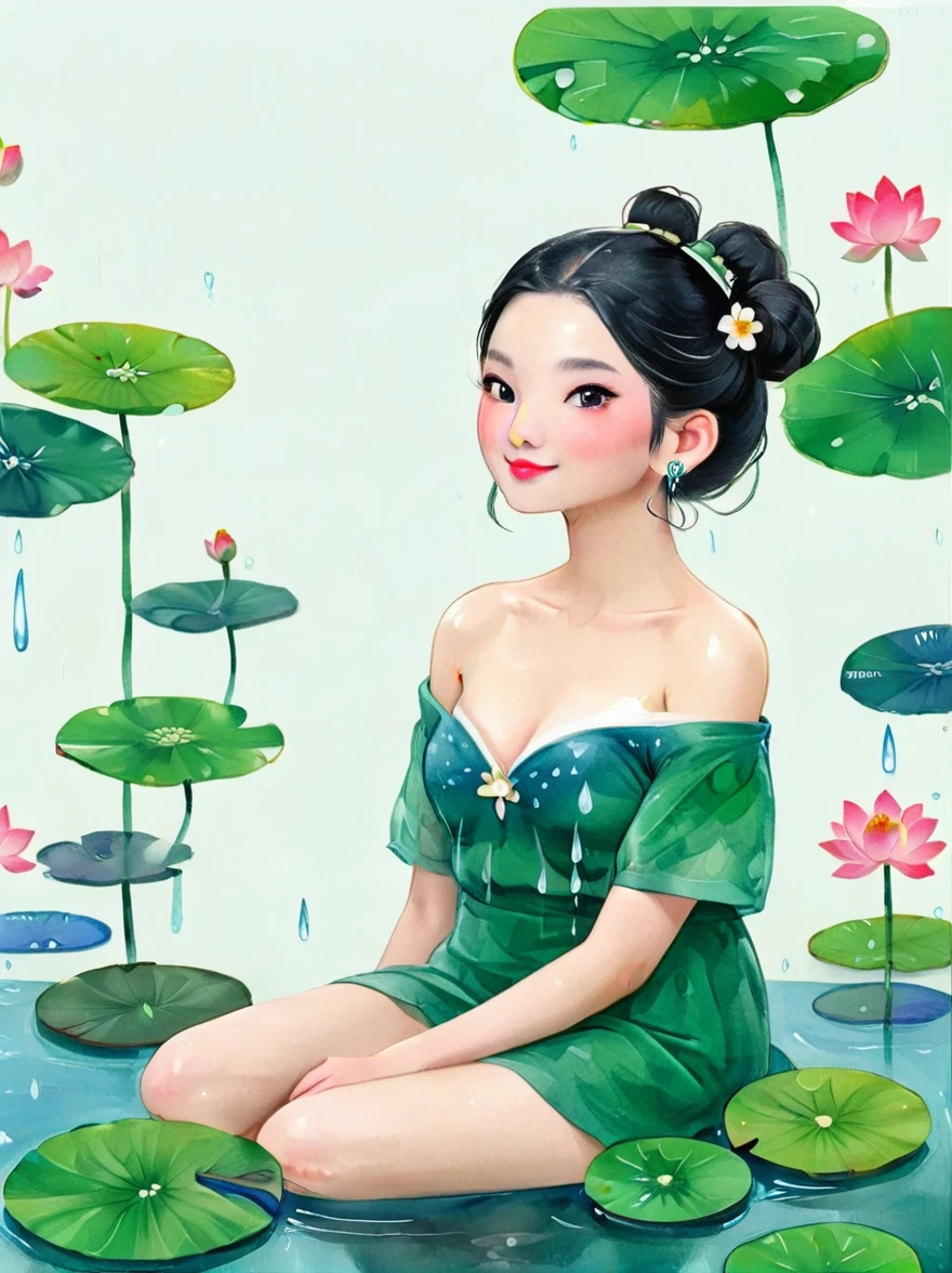 1 Girl，whole body，leg，裸露的大leg，(rain)，(Gentle smile)，Bare shoulders，胸部被覆盖lotus叶，Cleavage，clavicle，neck，(fog，薄fog)，earrings，solo，White(lotus)，Black Hair，Looking at the audience，Long hair，portrait，Lips，Hair Bun，make up，Poker face，black eyes，Green，(Lotus Leaf)，Every time，Soft Light，Fine brushwork and ink painting style，(masterpiece:1.2)，(Best quality:1.2)，high resolution，Extremely detailed 8k wallpapers，very clearly，lifelike