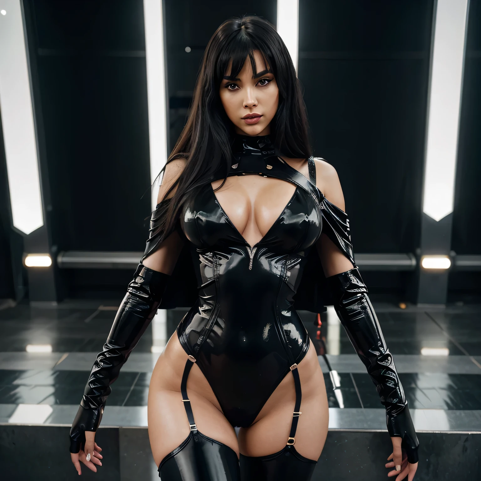 A beautiful hyperreal woman who represents Sailor Moon. Black hair, very big breasts, giant butt, tiny waist. Her face has Japanese anime features. She has long straight black hair down to her waist. Bangs: She has short, blunt bangs that frame her face and curve to the sides. She wears a striking, avant-garde ensemble that exudes power and confidence. The outfit features a structured bodysuit crafted from sleek, metallic yellow fabric, hugging her curves in all the right places. The bodysuit is adorned with intricate laser-cut details resembling futuristic armor, adding a touch of edge and sophistication. Complementing the bodysuit, she wears a voluminous cape in sleek black, billowing behind her with every step. The cape is embellished with shimmering sequins and oversized gemstones, creating a dazzling effect as she moves. Her accessories include statement shoulder pads encrusted with Swarovski crystals, adding an extra layer of drama to the ensemble. She wears sleek, thigh-high boots in glossy black leather, with metallic accents and sharp stiletto heels, giving her an imposing stature. For makeup, she opts for a bold and dramatic look, with winged eyeliner in metallic silver and deep black, complemented by a swipe of vibrant yellow eyeshadow. Her lips are painted in a deep, matte burgundy, adding a sultry touch to her fierce demeanor. As she takes center stage in a futuristic metropolis, the neon lights reflect off her shimmering outfit, casting her in an otherworldly glow. She stands tall and unapologetic, a symbol of strength and resilience in a world of endless possibilities. She is showing her big ass in close-up. You can see her butt with perfect detail.