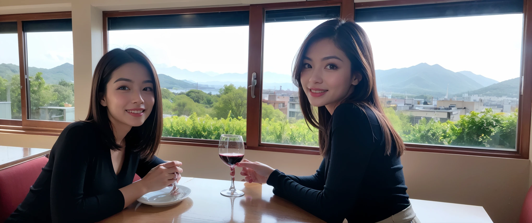 ((highest quality、8k、masterpiece:1.3))、Sharp focus:1.2、Beautiful woman perfect body:1.4、slimなボディ、((Bob Hale、Straight hair:1.2))、(to be born, highest quality, masterpiece:1.5), (Realistic, Intricate details:1.2), Ultra-high resolution, Shine light on your face、Amazing view of the sunset sky and clouds、Amazing mountain views、ニコニコ明るいsmile、wine glass、red wine 、Appetizers、Italian food、Wine bottle、Champagne、sparkling wine、, Beautiful Face, blue eyes, The light shines on your face, Blushing, short hair,Bright Face、Fox face、 (42 years old), 45 years old, Lady、Two beauties、Brown Hair、Shortcuts、Long sleeve shirt、dress、Pretty Woman 1, (slimな顔), (The body is slim), (Brown Hair), (Shortcuts), cheeks turn a little red,Attractive beauty、, Out of the window, A beautiful and detailed night view unfolds.........., restaurant, In a prominent place (From the waist up) Nova Frog Style, actress, model, Upper Body, White wine, slim, wine glass, 真ん中に置かれたwine glass, smile, (smile: 1.15), Beautiful fine grain, Depth f/2,saturation, High Contrast, Strong light and shadow,Moist Body:1.5、3D texture、Delicate eyes、Brown Hair、The hair is very shiny、