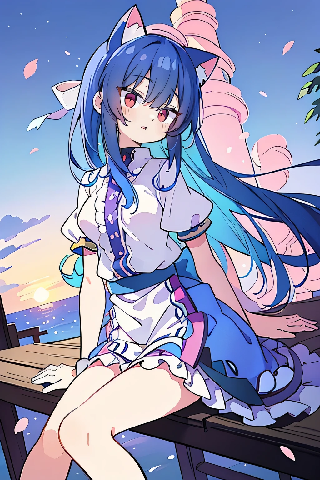 (masterpiece:1.2),Super detailed,Practical,expressive eyes,Fair skin,Perfect face shaping,1 Girl,
Japanese cartoons,Gorgeous blue hair, the long flowing blue hair,Floating clothes,Cat ears,Petals falling,beautiful lola,Young Angel,
Hands on waist,sit elegantly on the ground,Cross your legs,Gentle and peaceful background,Cool and cozy pavilion,Sunset,
