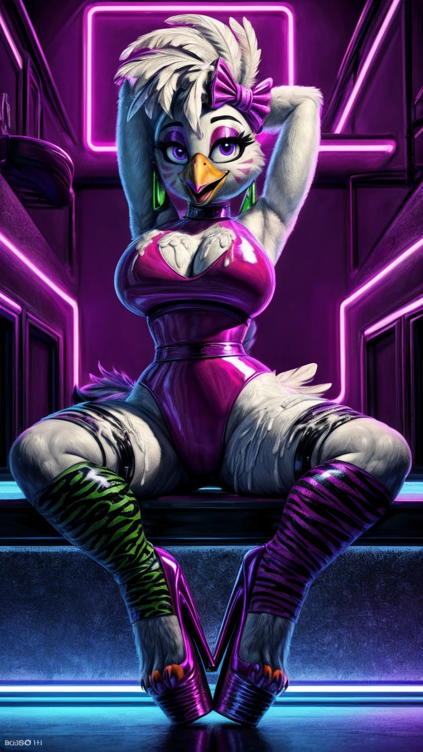 glamrockchica], [FNAF:_Security_Breach], [Uploaded to e621.net; (Foxovh), (Pixelsketcher), (mayosplash], ((masterpiece)), ((HD)), ((solo portrait)), ((front view)), ((furry; anthro chicken girl)), ((detailed feathers)), ((detailed shading)), ((beautiful render art)), {anthro chicken; white feathers, (white feather tail), (orange talon feet), (yellow beak), purple eyes, black pupils, (tied-up hair with pink bow), small , (beautiful legs), (excited smile), (mouth open)}, {(pink latex leotard), (large breasts, cleavage), (purple waist belt), (green fingerless gloves), (green latex tiger-striped bracers), (green legwear), (((open-toed platform high heels))), (two different color legwear on each leg)}, {(sitting), (legs spread apart), (bukkake), (hands on head), (looking at viewer)}, [background; (dance studio), (bright neon lights)]