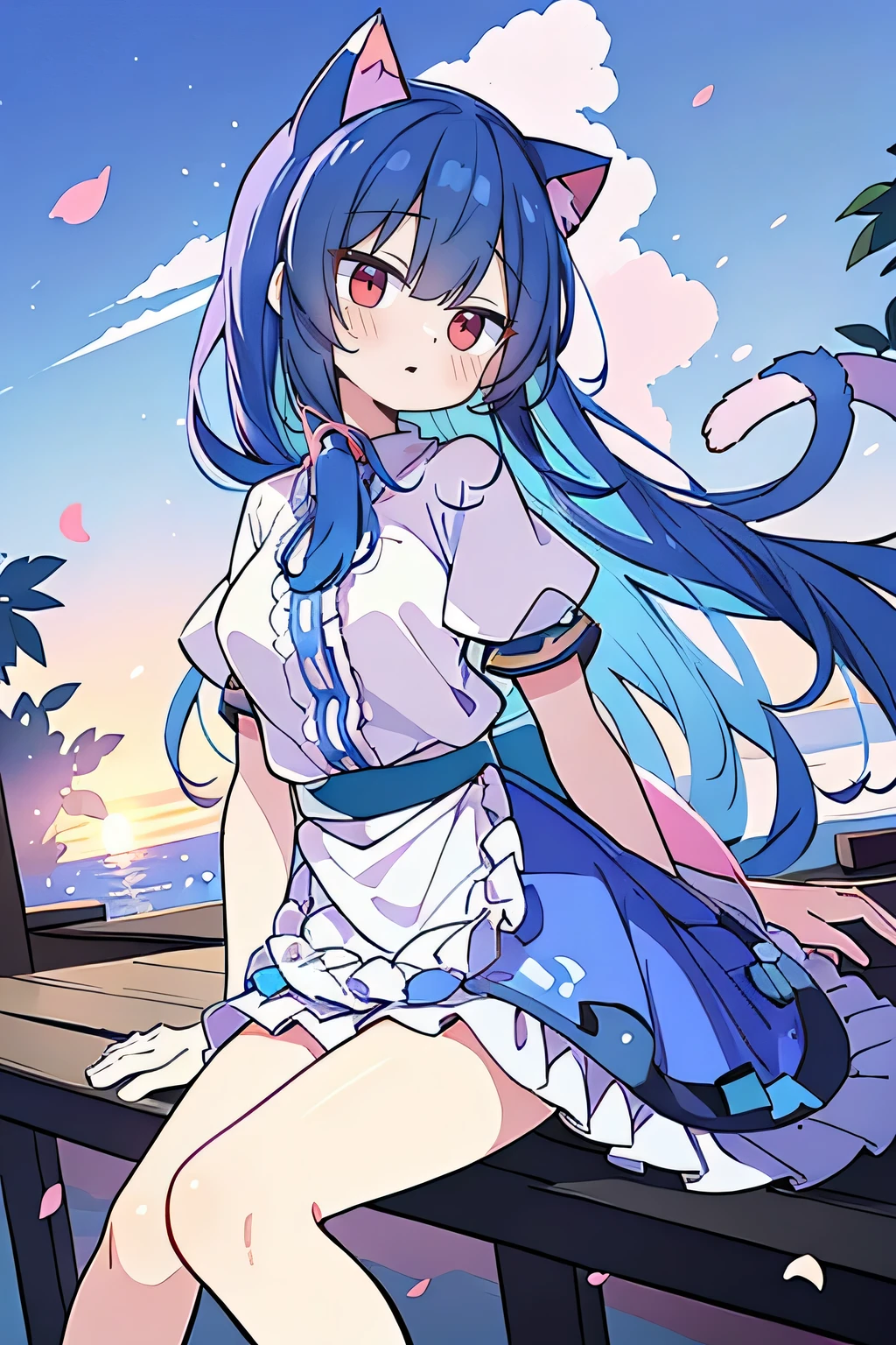 (masterpiece:1.2),Super detailed,Practical,expressive eyes,Fair skin,Perfect face shaping,1 Girl,
Japanese cartoons,Gorgeous blue hair, the long flowing blue hair,Floating clothes,Cat ears,Petals falling,beautiful lola,Young Angel,
Hands on waist,sit elegantly on the ground,Cross your legs,Gentle and peaceful background,Cool and cozy pavilion,Sunset,