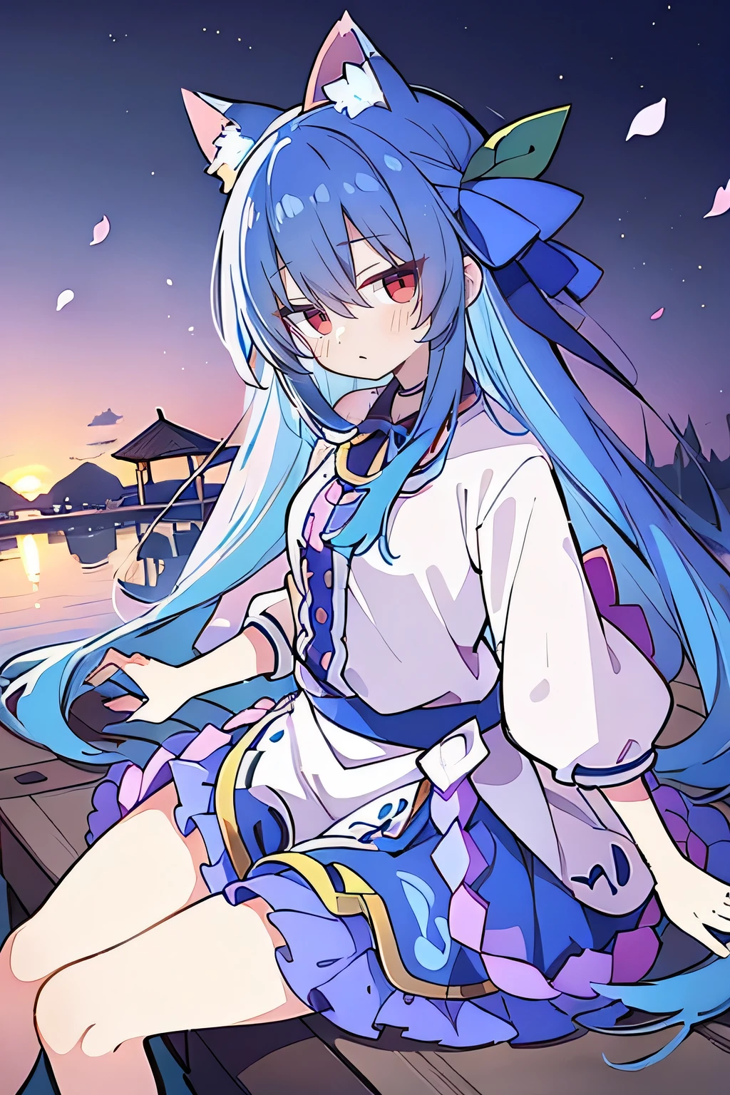 (masterpiece:1.2),Super detailed,Practical,expressive eyes,Fair skin,Perfect face shaping,1 Girl,
Japanese cartoons,Gorgeous blue hair, the long flowing blue hair,Floating clothes,Cat ears,Petals falling,beautiful lola,Young Angel,
Hands on waist,sit elegantly on the ground,Cross your legs,Gentle and peaceful background,Cool and cozy pavilion,Sunset,