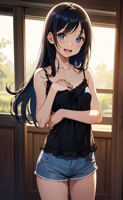 (masterpiece:1.4、top-quality、illustration:1.4,realistic、)、(character focus、breast focus,cowboy shot:1.3)、(1girl),(Open mouth happy smile:1.3),(cute),cute face,blue eyes、(cute)、
,(stand:1.4),(black long hair),
,(slender),(lace camisole,short shorts),
(),(), (small breasts:1.3)、
、slender、