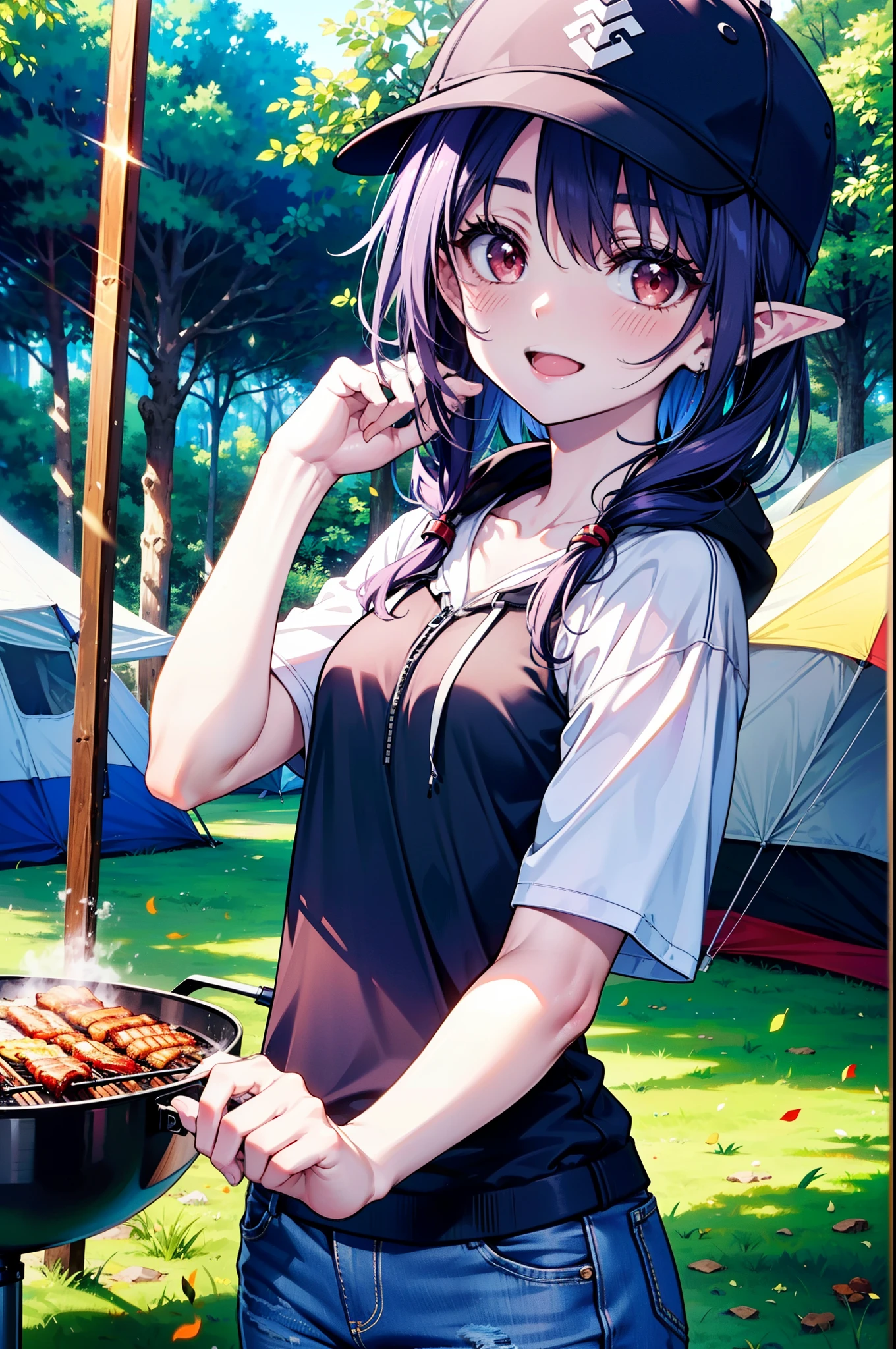 yuukikonno, Konno Yuuki, Long Hair, Pointed Ears, Purple Hair, (Red eyes:1.5), (Small breasts:1.2),smile, Open your mouth,Purple hoodie,Short sleeve,Baseball hats,Hoodie hood up,Red tank top shirt,Short denim,Red knee-high socks,High-top sneakers,Daytime,Clear skies,True Summer,barbecue,tent,
break looking at viewer, Upper Body, whole body,(Cowboy Shot:1. 5),
break outdoors, forest, nature,camp site,
break (masterpiece:1.2), highest quality, High resolution, unity 8k wallpaper, (figure:0.8), (Beautiful fine details:1.6), Highly detailed face, Perfect lighting, Highly detailed CG, (Perfect hands, Perfect Anatomy),