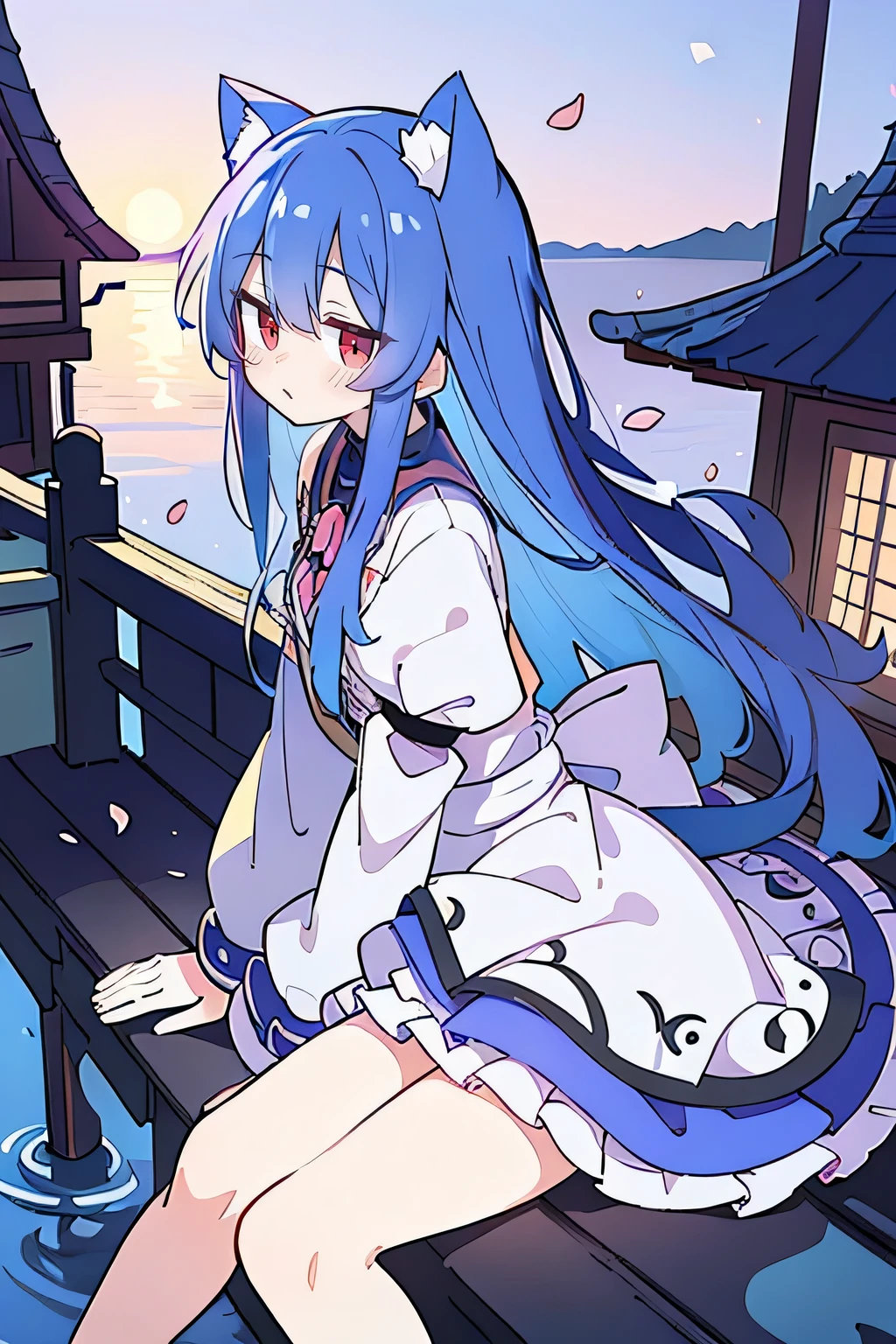 (masterpiece:1.2),Super detailed,Practical,expressive eyes,Fair skin,Perfect face shaping,1 Girl,
Japanese cartoons,Gorgeous blue hair, the long flowing blue hair,Floating clothes,Cat ears,Petals falling,beautiful lola,Young Angel,
Hands on waist,sit elegantly on the ground,Cross your legs,Gentle and peaceful background,Cool and cozy pavilion,Sunset,