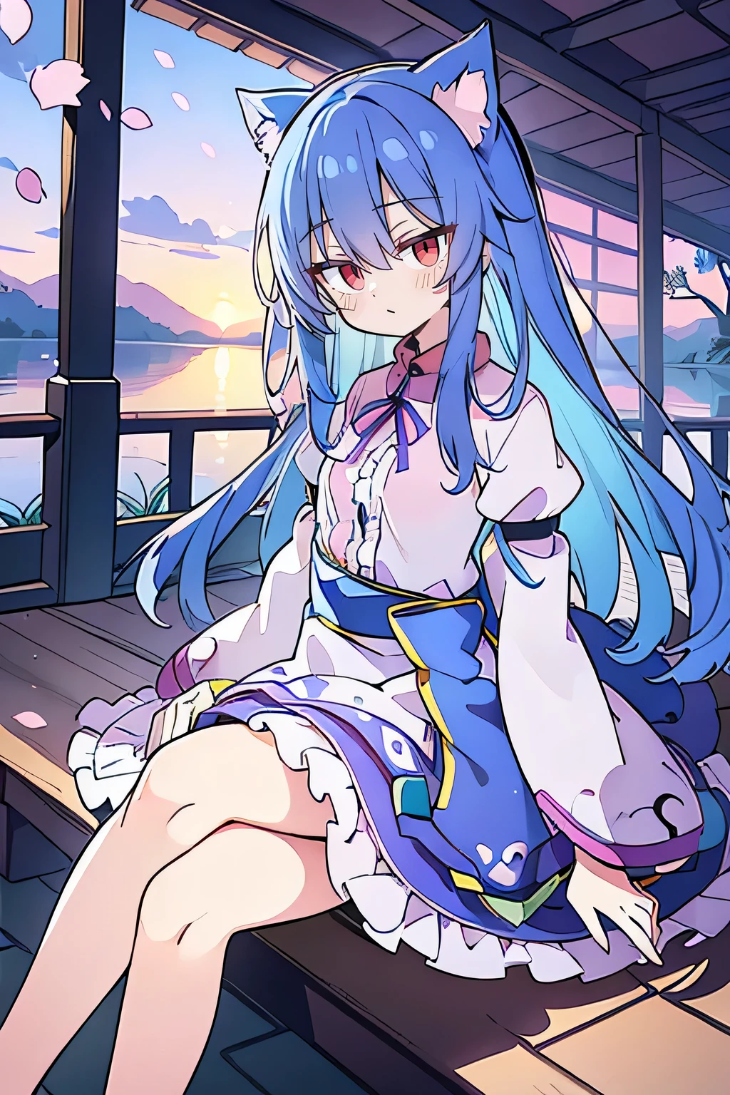 (masterpiece:1.2),Super detailed,Practical,expressive eyes,Fair skin,Perfect face shaping,1 Girl,
Japanese cartoons,Gorgeous blue hair, the long flowing blue hair,Floating clothes,Cat ears,Petals falling,beautiful lola,Young Angel,
Hands on waist,sit elegantly on the ground,Cross your legs,Gentle and peaceful background,Cool and cozy pavilion,Sunset,