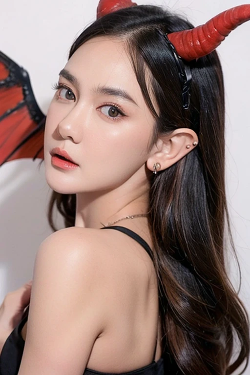 1girl, 1boy, , pointy ears, wings, earrings, serafuku, jewelry, white background, upper body, red eyes, demon wings, demon horns, demon boy, simple background, back-to-back, pink eyes, parted lips, black serafuku, brown hair, demon girl, black hair, looking at viewer, long hair, gakuran