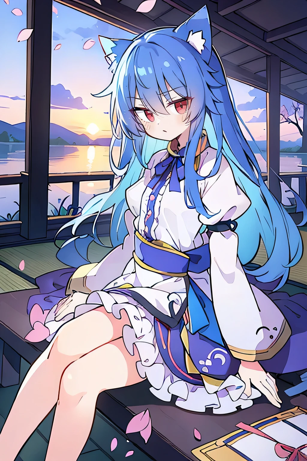 (masterpiece:1.2),Super detailed,Practical,expressive eyes,Fair skin,Perfect face shaping,1 Girl,
Japanese cartoons,Gorgeous blue hair, the long flowing blue hair,Floating clothes,Cat ears,Petals falling,beautiful lola,Young Angel,
Hands on waist,sit elegantly on the ground,Cross your legs,Gentle and peaceful background,Cool and cozy pavilion,Sunset,
