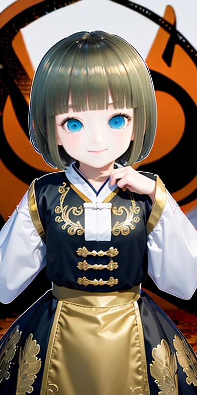 Blonde hair, short mash hair, turquoise eyes,White background，Chinese antique girl image，full bodyesbian，Tide play，IP，Q version characters，Three-seven ratio，Goose egg face，face expressionless，Look ahead，Hands hang naturally，Red Tang dynasty costume，Full-chest skirt，The color of the costume is red、blanche、Gold is dominant，The costumes are grand and elegant，It is embellished with a treasure pattern，3D cartoon model --v6