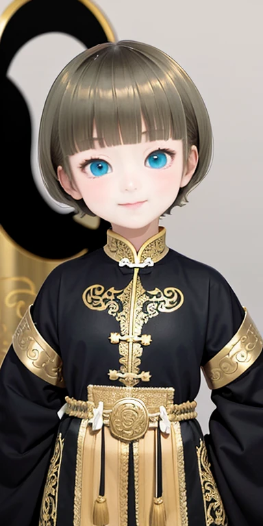 Blonde hair, short mash hair, turquoise eyes,White background，Chinese antique girl image，full bodyesbian，Tide play，IP，Q version characters，Three-seven ratio，Goose egg face，face expressionless，Look ahead，Hands hang naturally，Red Tang dynasty costume，Full-chest skirt，The color of the costume is red、blanche、Gold is dominant，The costumes are grand and elegant，It is embellished with a treasure pattern，3D cartoon model --v6