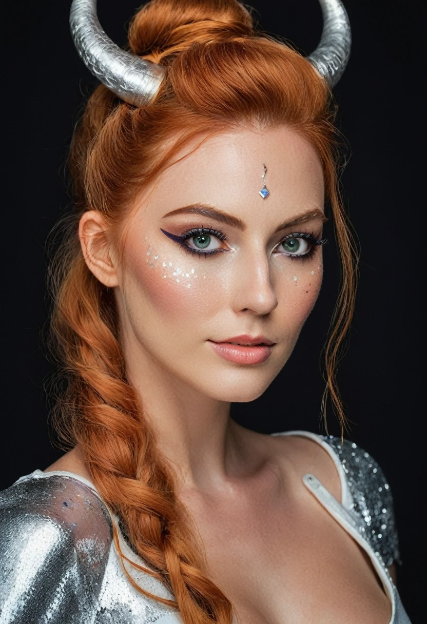 (glitt3r:1.1), upper body, medium shot portrait photo of a (viking_princess:1.2) margot_robbie_model with (gorgeous vibrant ginger hair:1.5), wearing long white horns, ((professional glittery metal silver makeup)), Nikon Z9, realistic (sweaty:1.4) skin, ((skin texture)), (sharp focus), (high quality), looking straight forward, (symmetric:0.7), ((warm_smile)), wearing a shiny silver plunge dress showing off her (huge_tits) and (massive_cleavage:1.4), in a dark_studio, bokeh