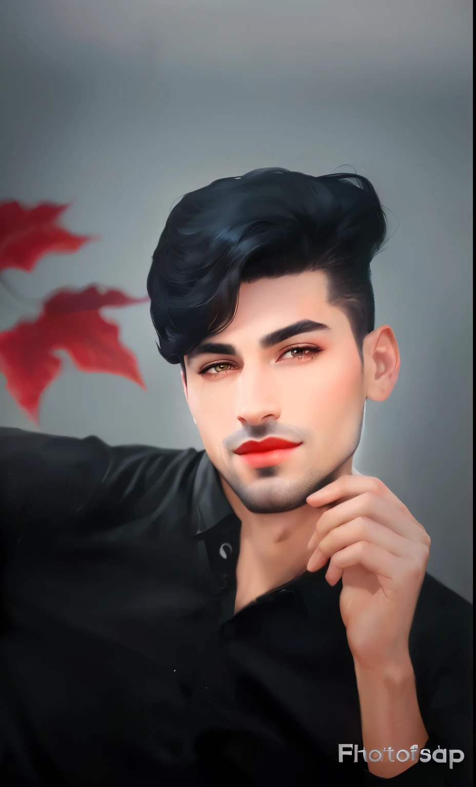 arafed man with a black shirt and red lipstick posing for a picture, handsome stunning realistic, high quality portrait, professional photoshop artwork, photorealistic!!!!!!! art style, realism artstyle, digital art picture, cartoon digital painting, airbrush digital oil painting, in style of digital painting, hyper realistic style, high quality digital painting, realistic artstyle, digital matt painting
