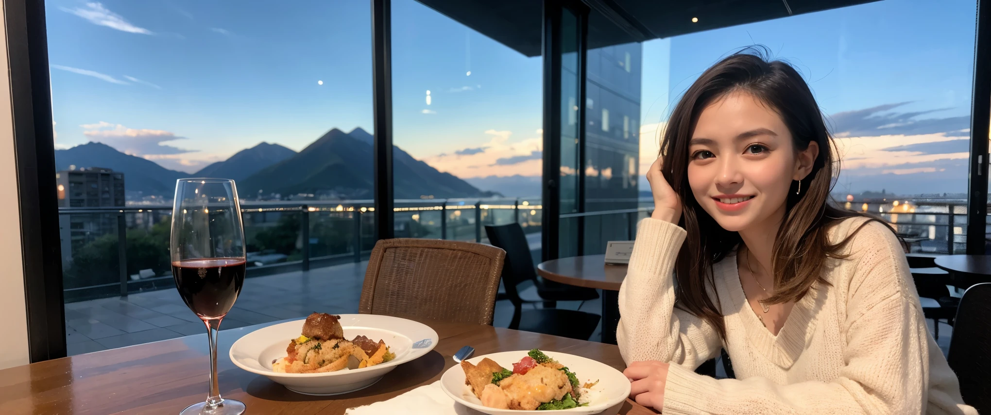 ((highest quality、8k、masterpiece:1.3))、Sharp focus:1.2、Beautiful woman perfect body:1.4、slimなボディ、((Bob Hale、Straight hair:1.2))、(to be born, highest quality, masterpiece:1.5), (Realistic, Intricate details:1.2), Ultra-high resolution, Shine light on your face、Amazing view of the sunset sky and clouds、Amazing mountain views、ニコニコ明るいsmile、wine glass、red wine 、Appetizers、Italian food、Wine bottle、Champagne、sparkling wine、, Beautiful Face, blue eyes, The light shines on your face, Blushing, short hair,Bright Face、Fox face、 (42 years old), 45 years old, Lady、Two beauties、Brown Hair、Shortcuts、Long sleeve shirt、dress、Pretty Woman 1, (slimな顔), (The body is slim), (Brown Hair), (Shortcuts), cheeks turn a little red,Attractive beauty、, Out of the window, A beautiful and detailed night view unfolds.........., restaurant, In a prominent place (From the waist up) Nova Frog Style, actress, model, Upper Body, White wine, slim, wine glass, 真ん中に置かれたwine glass, smile, (smile: 1.15), Beautiful fine grain, Depth f/2,saturation, High Contrast, Strong light and shadow,Moist Body:1.5、3D texture、Delicate eyes、Brown Hair、The hair is very shiny、