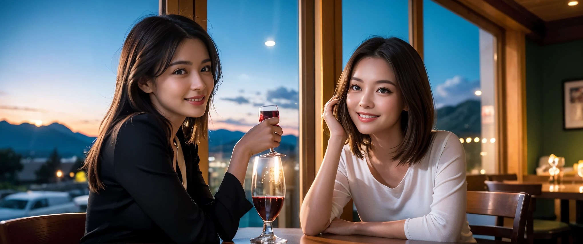 ((highest quality、8k、masterpiece:1.3))、Sharp focus:1.2、Beautiful woman perfect body:1.4、slimなボディ、((Bob Hale、Straight hair:1.2))、(to be born, highest quality, masterpiece:1.5), (Realistic, Intricate details:1.2), Ultra-high resolution, Shine light on your face、Amazing view of the sunset sky and clouds、Amazing mountain views、ニコニコ明るいsmile、wine glass、red wine 、Appetizers、Italian food、Wine bottle、Champagne、sparkling wine、, Beautiful Face, blue eyes, The light shines on your face, Blushing, short hair,Bright Face、Fox face、 (42 years old), 45 years old, Lady、Two beauties、Brown Hair、Shortcuts、Long sleeve shirt、dress、Pretty Woman 1, (slimな顔), (The body is slim), (Brown Hair), (Shortcuts), cheeks turn a little red,Attractive beauty、, Out of the window, A beautiful and detailed night view unfolds.........., restaurant, In a prominent place (From the waist up) Nova Frog Style, actress, model, Upper Body, White wine, slim, wine glass, 真ん中に置かれたwine glass, smile, (smile: 1.15), Beautiful fine grain, Depth f/2,saturation, High Contrast, Strong light and shadow,Moist Body:1.5、3D texture、Delicate eyes、Brown Hair、The hair is very shiny、