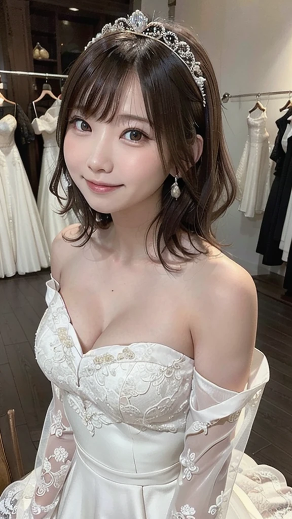 (highest quality, On the table:1.2), (Actual:1.3), (非常にDetailed Background, Detailed Background), Bokeh,Shooting from the side, ((Medium chest)), [Beautiful Valley],(Off the shoulder,No sleeve,princess line yellow wedding dress:1.3),(head:1.5), Bridal Tiara, Wedding Veil, Bridal Gloves, Upper Body, Beautiful wedding venue near the sea, , Lovely,smile,